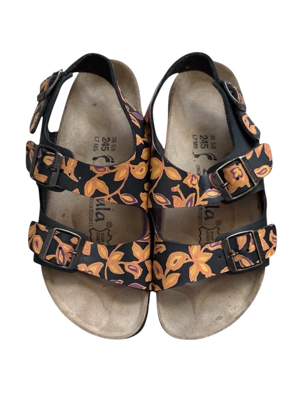 Betula Birkenstock Sandals Womens 7 EU 38 Black Floral Leather 3 Buckle Open Toe